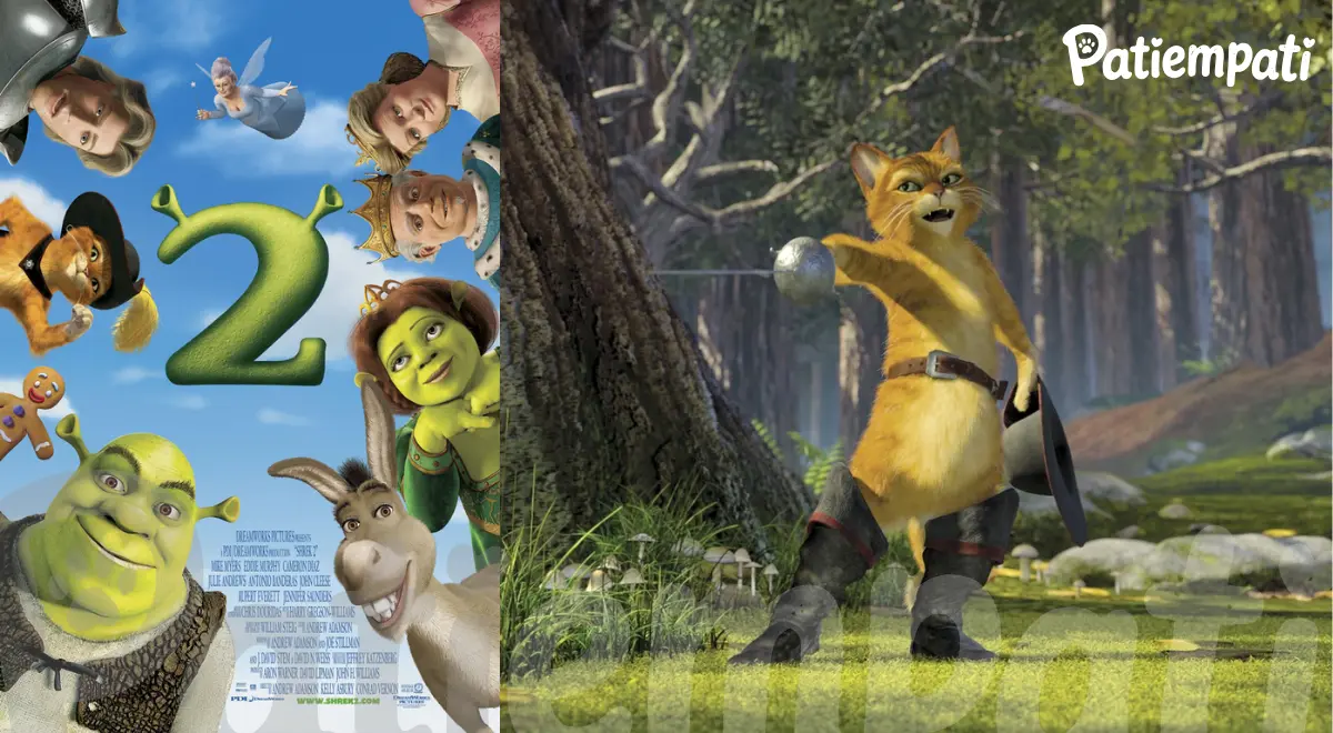Shrek 2 filminden Çizmeli Kedi’nin yer aldığı bir sahne ve film afişi